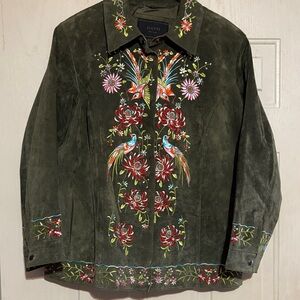 Avanti Olive Green Suede Jacket with Colorful Embroidered Birds & Florals